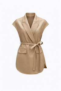Leather High Grade Sleeveless Waist Tie Jacket Vest Coat - Modestly Vogue 