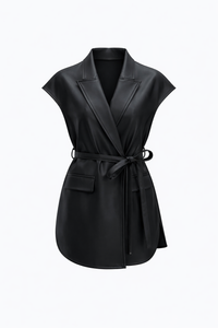 Leather High Grade Sleeveless Waist Tie Jacket Vest Coat - Modestly Vogue 