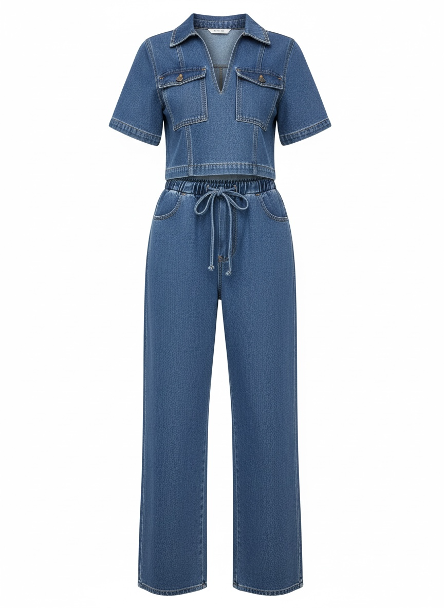 Short Sleeve Top and Drawstring Pants Denim Set - Modestly Vogue 