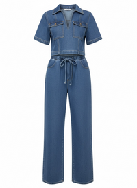 Short Sleeve Top and Drawstring Pants Denim Set - Modestly Vogue 