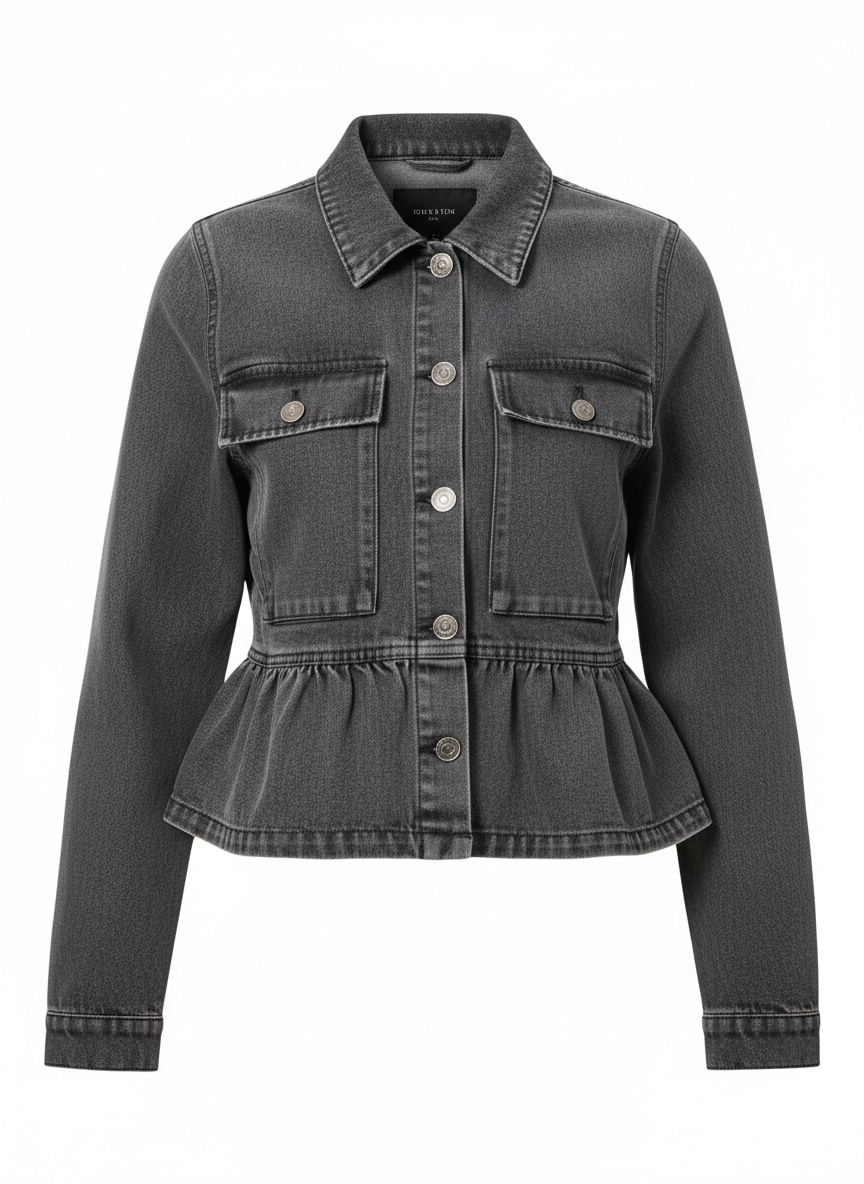 SO ME Denim Peplum Hem Front Button Jacket With Pockets - Modestly Vogue 