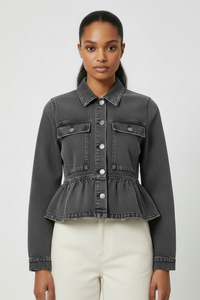 SO ME Denim Peplum Hem Front Button Jacket With Pockets - Modestly Vogue 