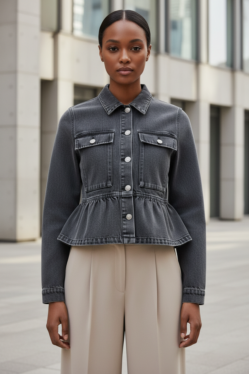 SO ME Denim Peplum Hem Front Button Jacket With Pockets - Modestly Vogue 