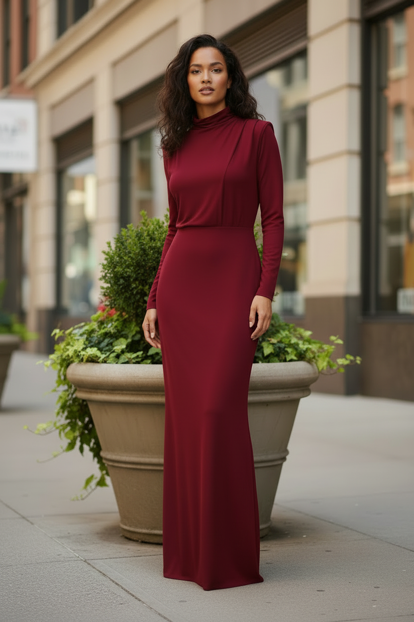 Mock Neck Long Sleeve Maxi Dress - Modestly Vogue 