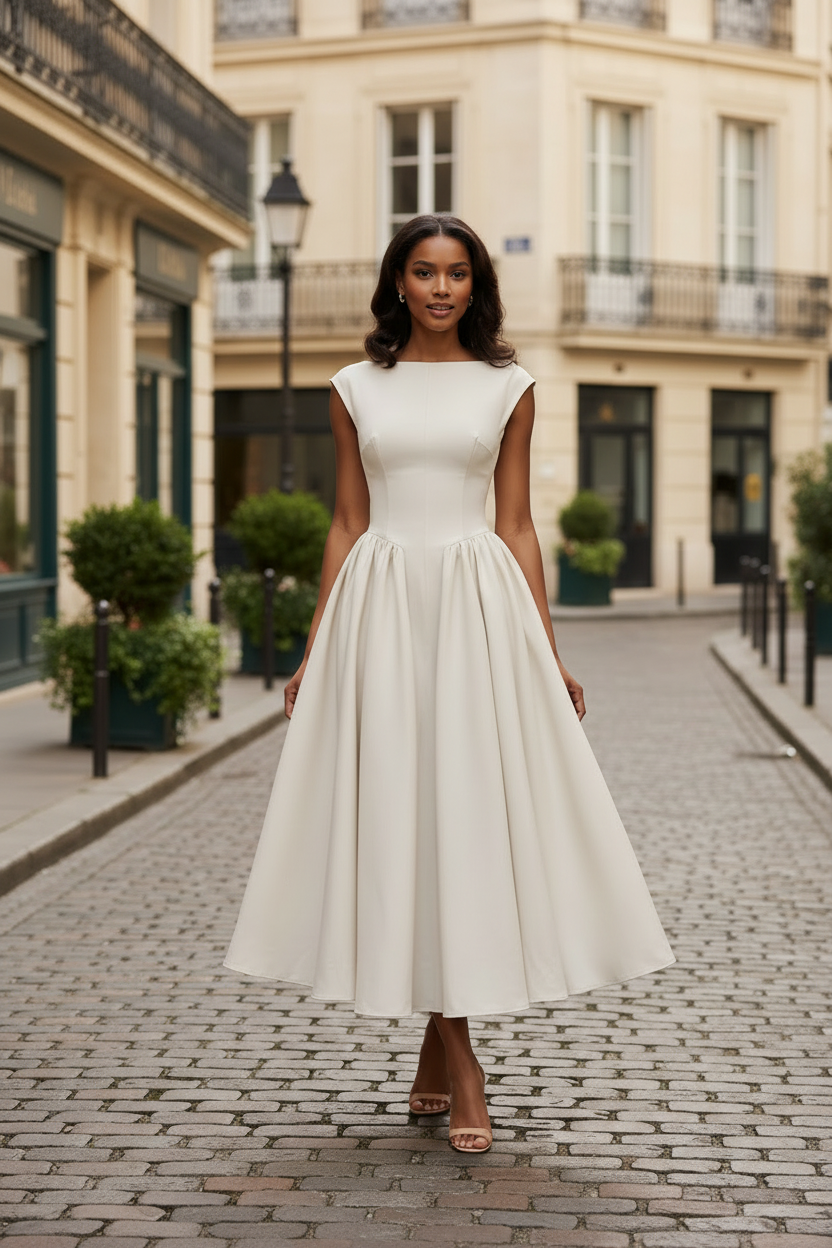 Full Size Cap Sleeve A-Line Midi Dress Plus Size - Modestly Vogue 