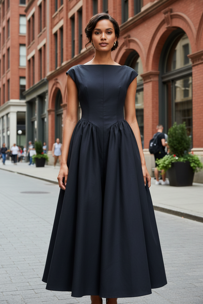 Full Size Cap Sleeve A-Line Midi Dress Plus Size - Modestly Vogue 