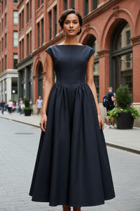 Full Size Cap Sleeve A-Line Midi Dress Plus Size - Modestly Vogue 