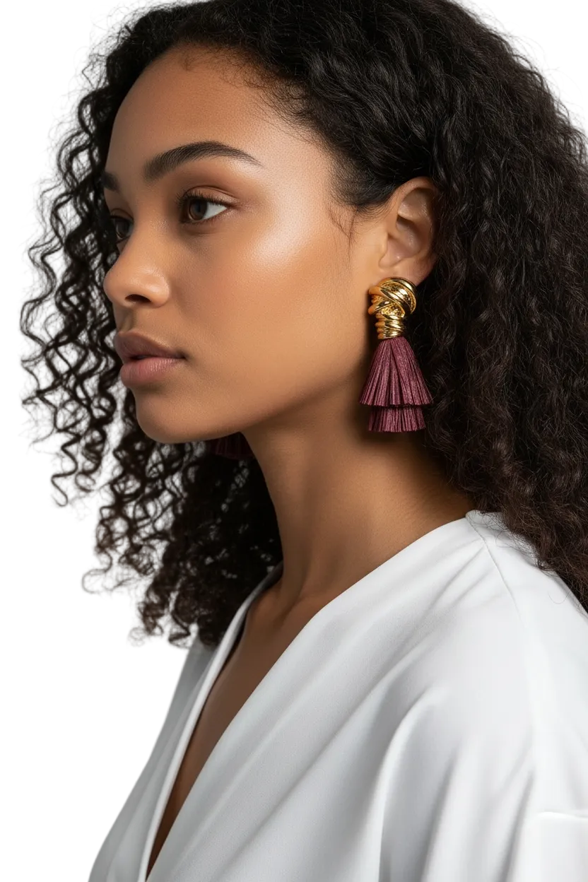 Golden Wire Wrapped Burgundy Tassel Drop Earrings - Modestly Vogue 