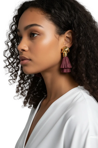 Golden Wire Wrapped Burgundy Tassel Drop Earrings - Modestly Vogue 