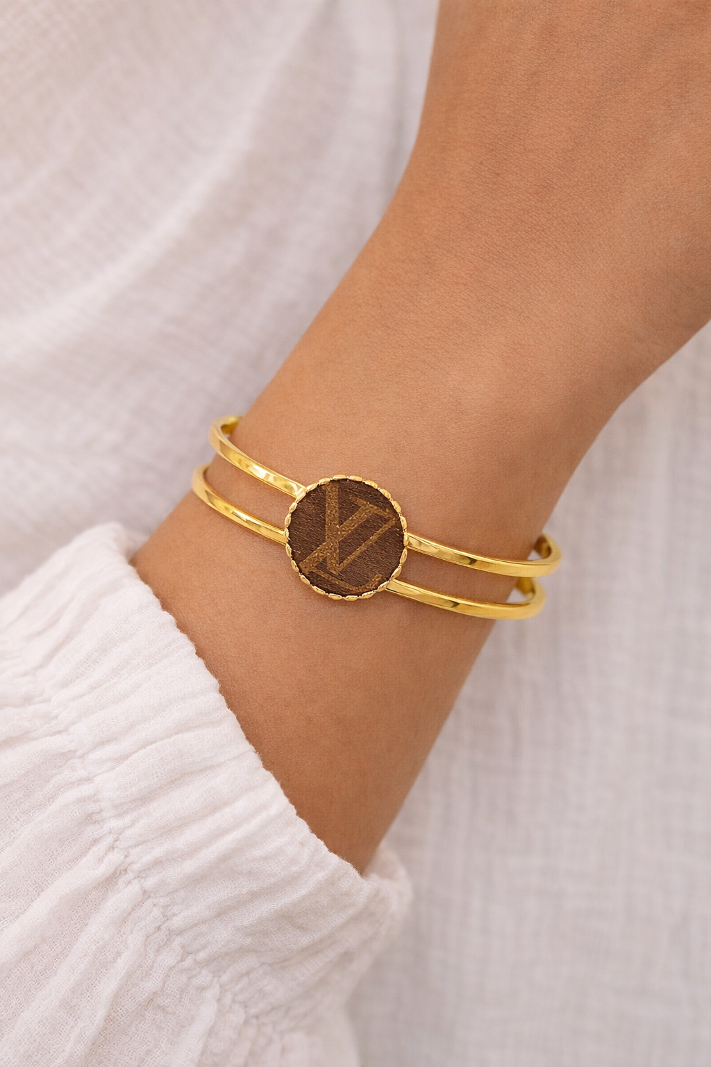 LV Upcycled Gold Bezel Cuff Bracelet – Luxury Eco-Friendly Jewelry - Modestly Vogue 