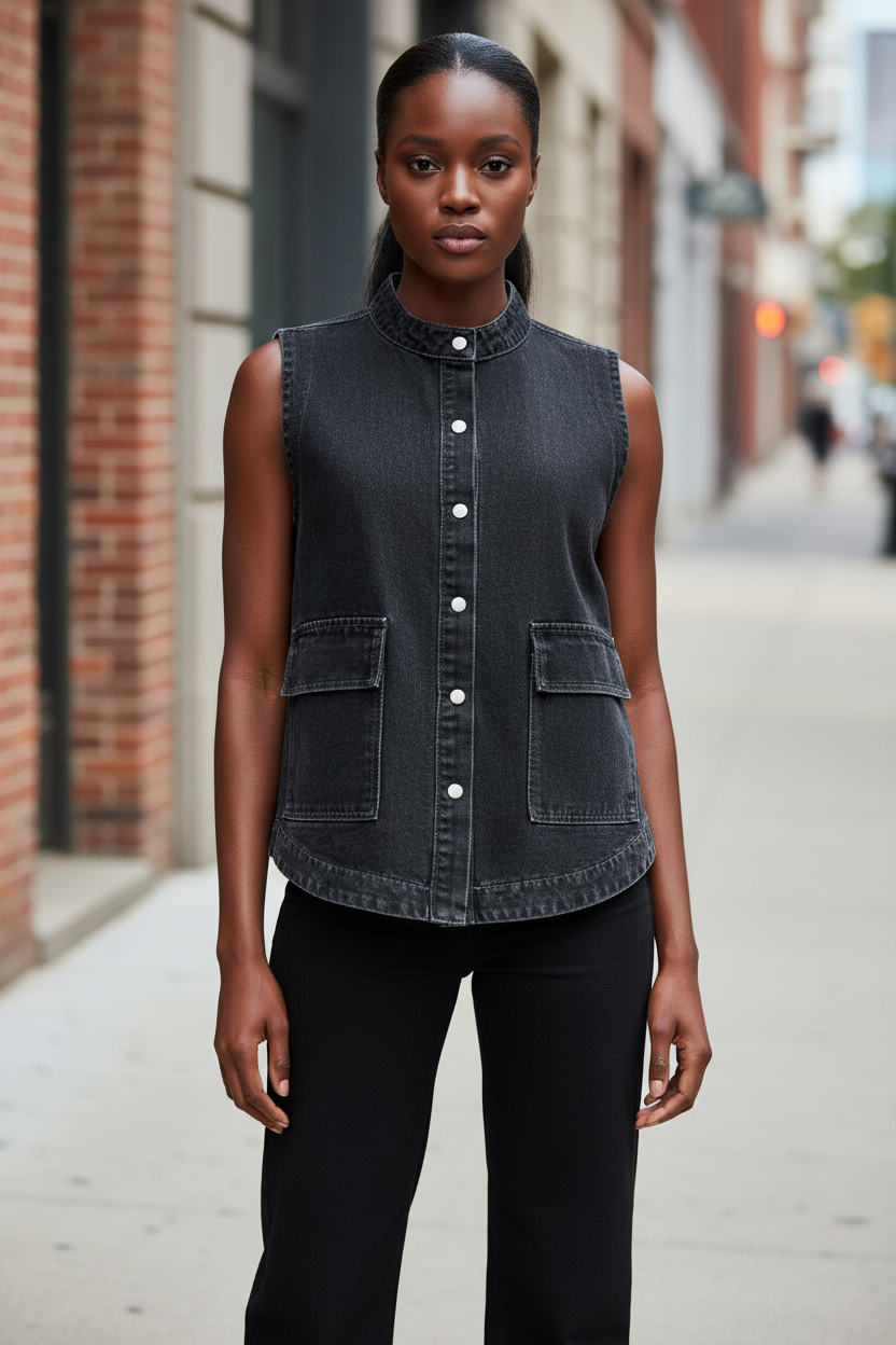 Snap Down Sleeveless Denim Jacket - Modestly Vogue 