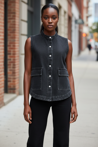 Snap Down Sleeveless Denim Jacket - Modestly Vogue 