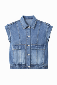 Button Up Cap Sleeve Denim Jacket - Modestly Vogue 
