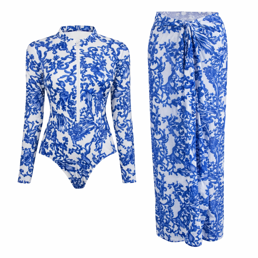 Vintage Print One Piece Swimwear Zipper Modest Women Burkini Suit And Wrap Skirt - Modestly Vogue 