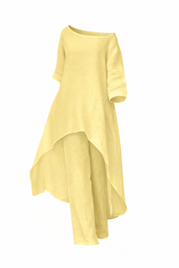 Casual Solid Color Pant Co-ord Set with Long Sleeve Top and Wide Leg Cotton and Linen Pants, 2 Pieces Set for Autumn - Modestly Vogue 