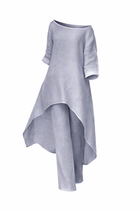 Casual Solid Color Pant Co-ord Set with Long Sleeve Top and Wide Leg Cotton and Linen Pants, 2 Pieces Set for Autumn - Modestly Vogue 