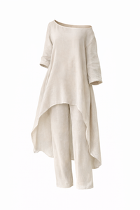Casual Solid Color Pant Co-ord Set with Long Sleeve Top and Wide Leg Cotton and Linen Pants, 2 Pieces Set for Autumn - Modestly Vogue 