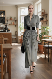 Spring French Elegant Collared Breasted Shirt Dress with Belt Dress - Modestly Vogue 