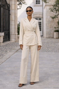 Women's Satin V-Neck Tie Top & Wide Leg Pants Two Piece Set - Modestly Vogue 