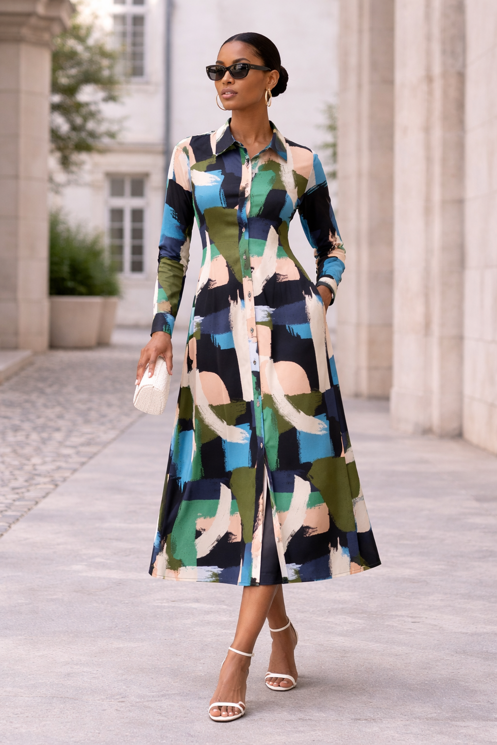LONG SLEEVE RUCHED SHIRT DRESS - Modestly Vogue 