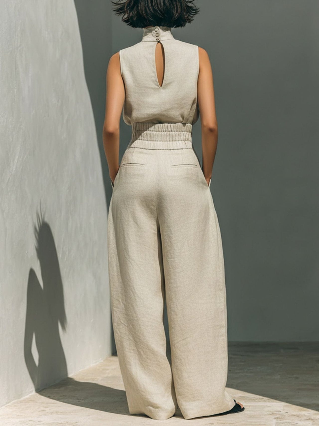 Spring Solid Color Elegant Women Simple Cotton Linen Blended Sleeveless Top Wide Leg pant set - Modestly Vogue 