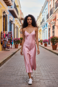 Women’s Sleeveless Satin Halter Midi Dress – Summer Style - Modestly Vogue 