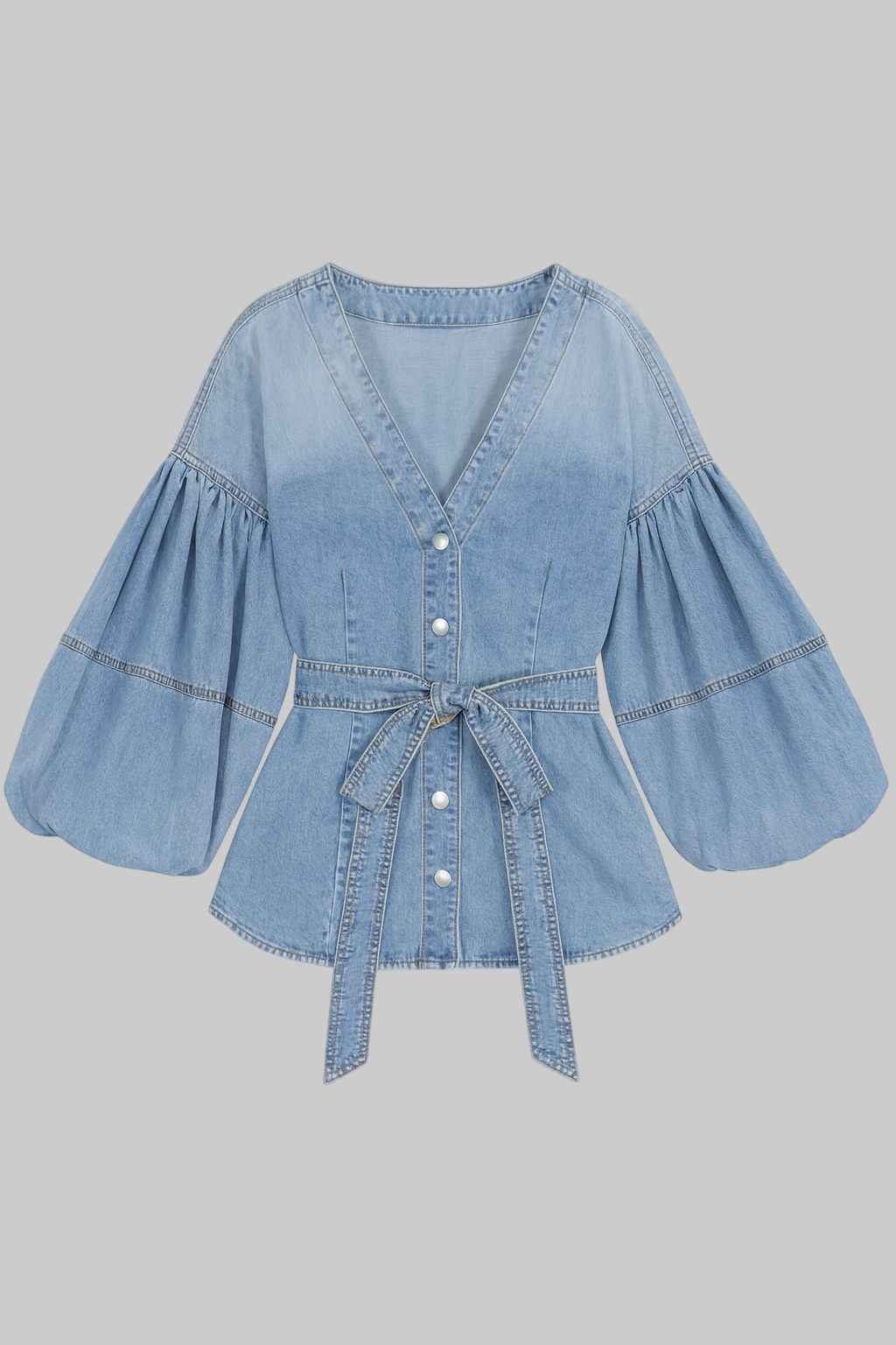 Denim Puff Sleeve Button-Up Jean Jacket Top - Modestly Vogue 