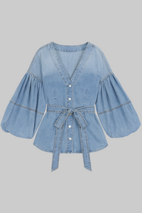 Denim Puff Sleeve Button-Up Jean Jacket Top - Modestly Vogue 