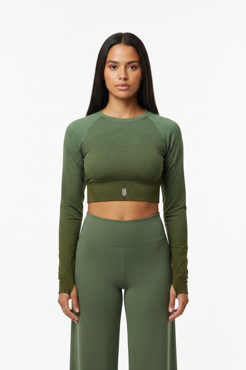 LEM Olive Grounded long-sleeve crop top - Modestly Vogue 