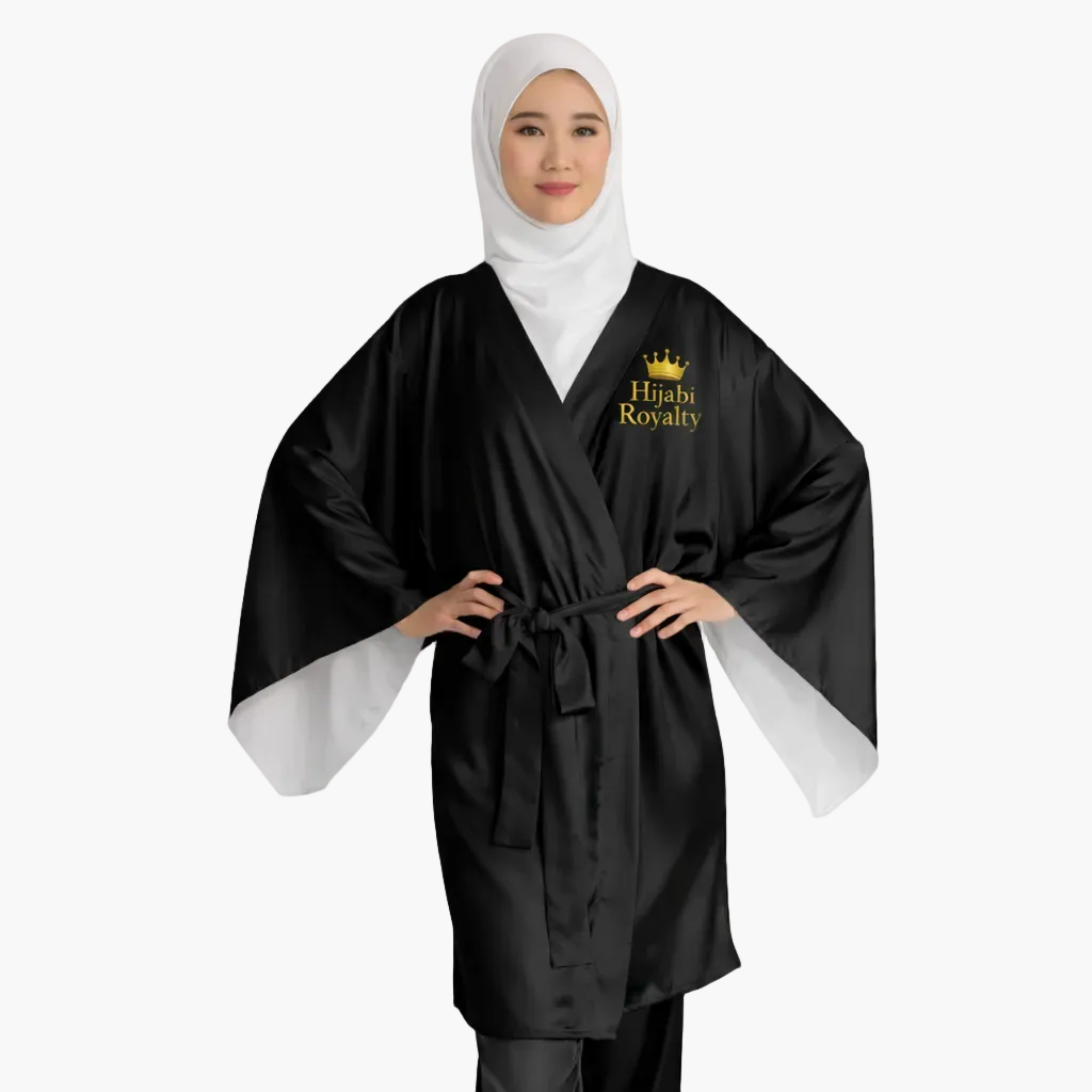 Hijabi Royalty™ Noir Edition Kimono Robe – Luxury Spa Long Sleeve Robe with Crown Logo