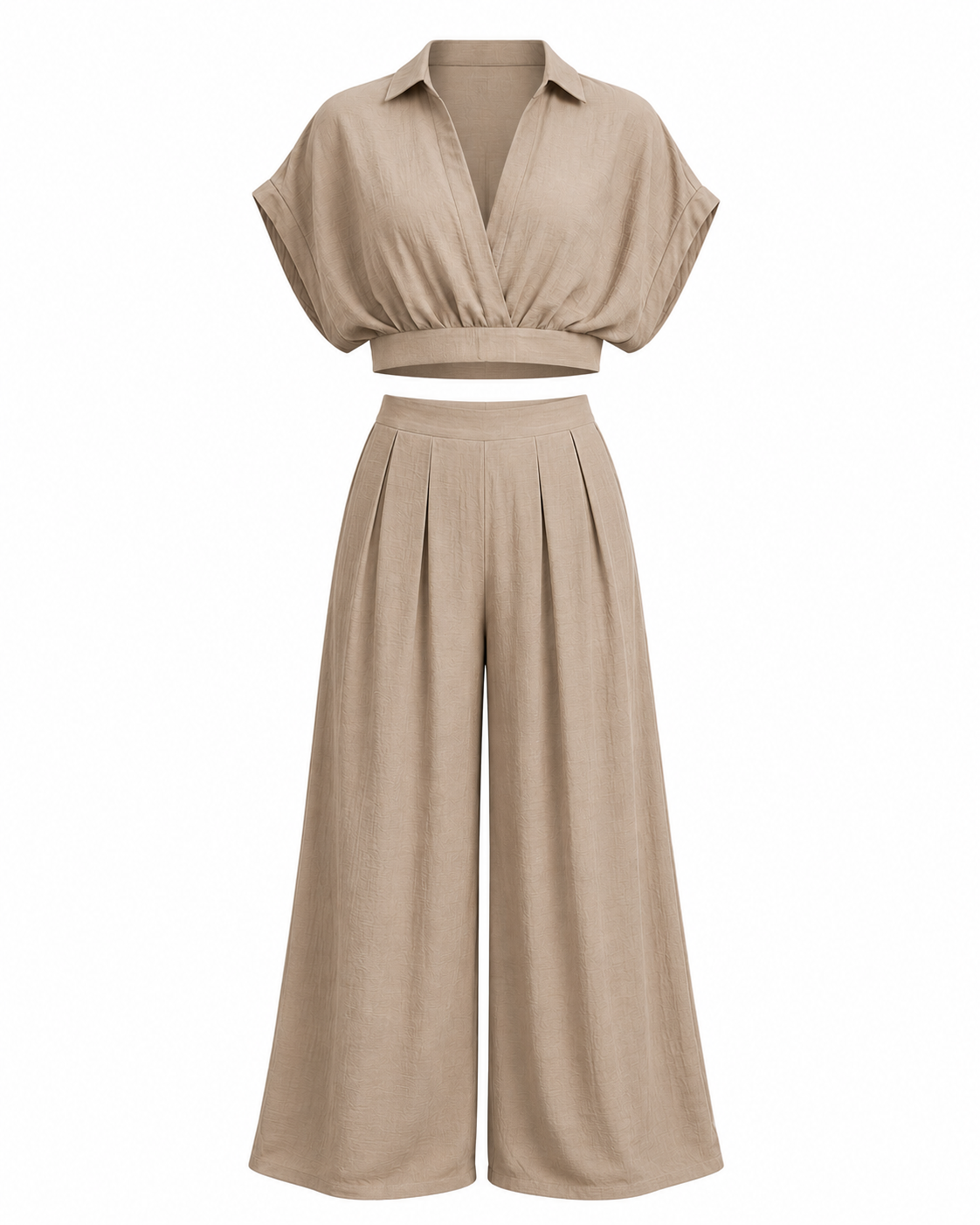 Collared Wrap Top & Wide-leg Pants Set