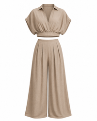 Collared Wrap Top & Wide-leg Pants Set