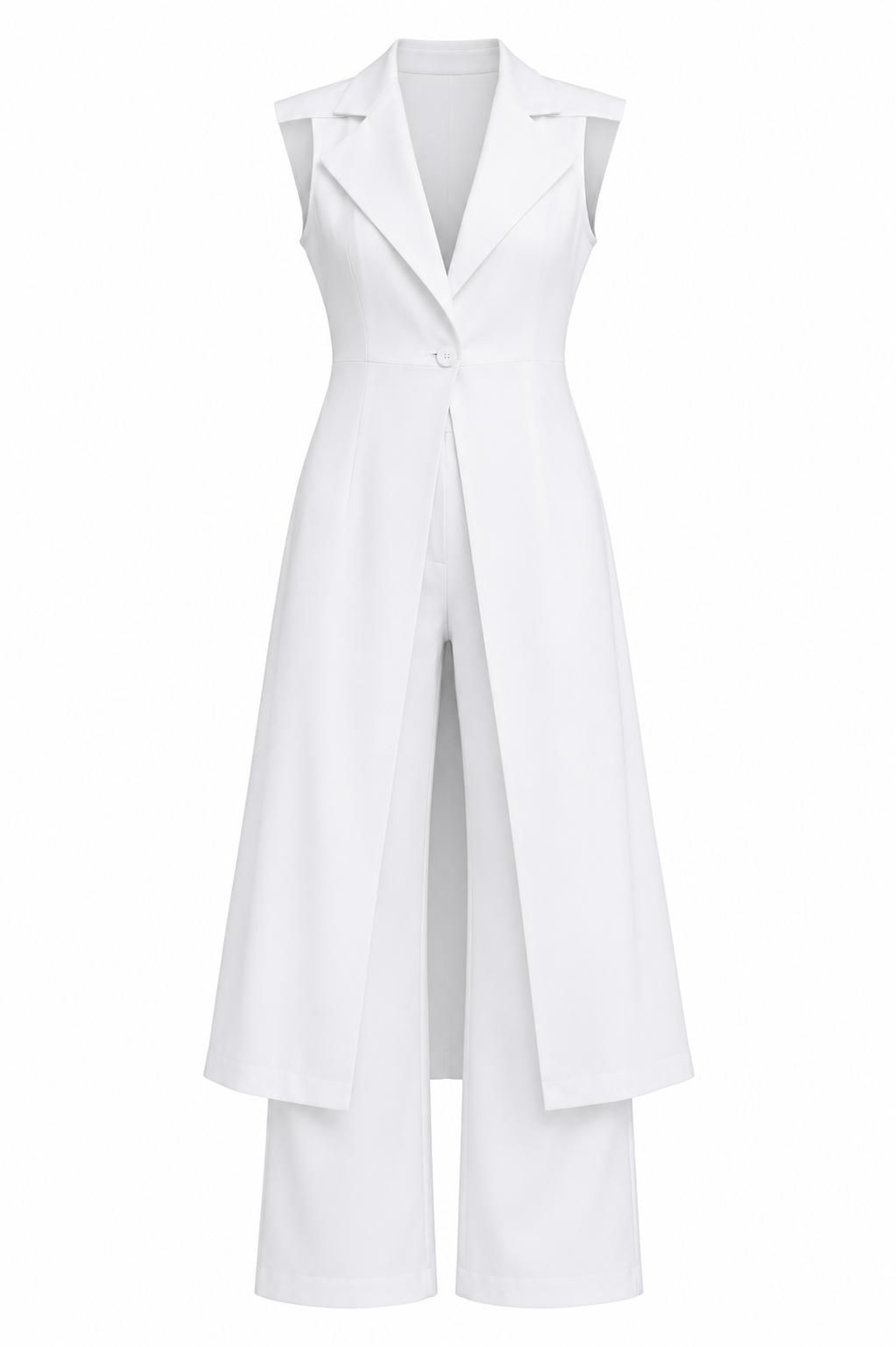 Summer Linen White with Collared Sleeveless Solid Color Work Pant Two Piece Set