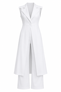 Summer Linen White with Collared Sleeveless Solid Color Work Pant Two Piece Set
