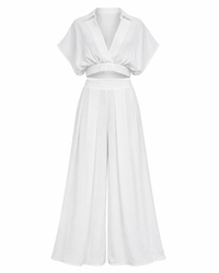 Collared Wrap Top & Wide-leg Pants Set