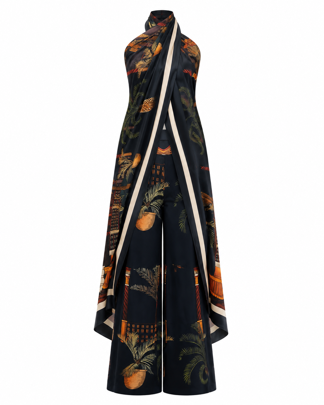 Summer Vintage Print Straight Wide Leg Pants Cross Halterneck Top Two Piece Sets