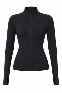 Black Studio Sculpt Stand Collar Knitted Zipper Yoga Jacket – Long Sleeve