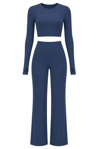 Blue Studio Sculpt Women’s Workout Set – Breathable Long Sleeve & Pants