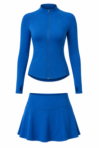 Sports Tennis Skirt Set Pocket Zipper Jacket High Elastic Casual Culottes Two Piece Set
