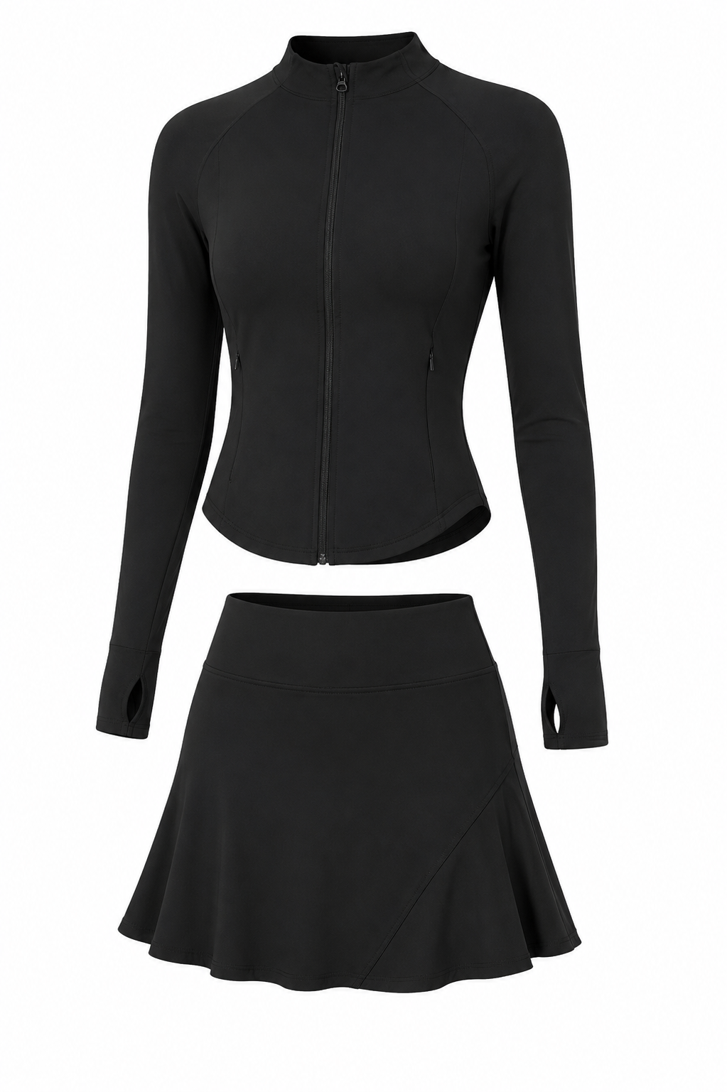 Sports Tennis Skirt Set Pocket Zipper Jacket High Elastic Casual Culottes Two Piece Set