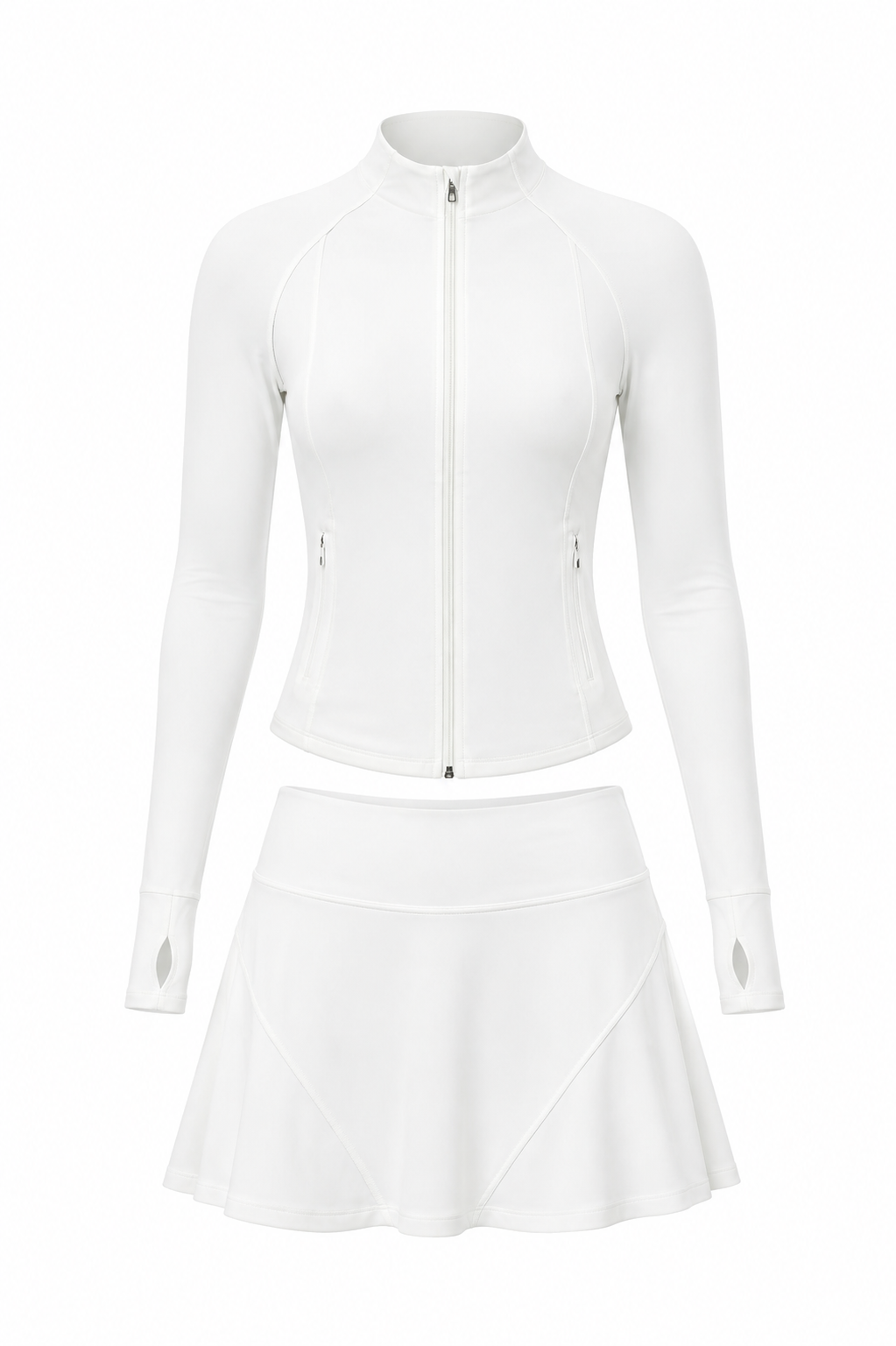 Sports Tennis Skirt Set Pocket Zipper Jacket High Elastic Casual Culottes Two Piece Set