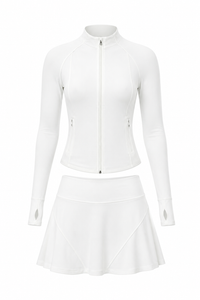 Sports Tennis Skirt Set Pocket Zipper Jacket High Elastic Casual Culottes Two Piece Set