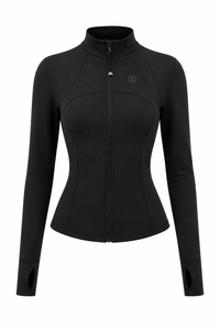Black on Black Yoga Jacket Long Sleeve with Finger Stall Stand Collar High Grade Yoga Clothes