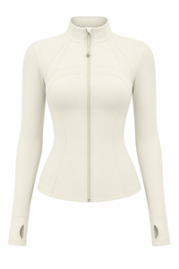 Cream Yoga Jacket Long Sleeve with Finger Stall Stand Collar High Grade Yoga Clothes