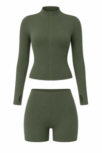Olive  Long Sleeve Yoga Quick Drying  Shorts Set