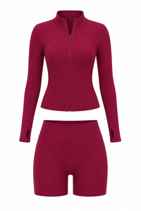 Burgundy  Long Sleeve Yoga Quick Drying  Shorts Set