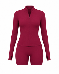Burgundy  Long Sleeve Yoga Quick Drying  Shorts Set