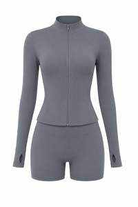 Grey  Long Sleeve Yoga Quick Drying  Shorts Set