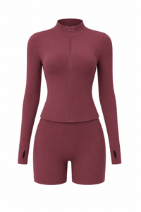 Brown Long Sleeve Yoga Quick Drying  Shorts Set