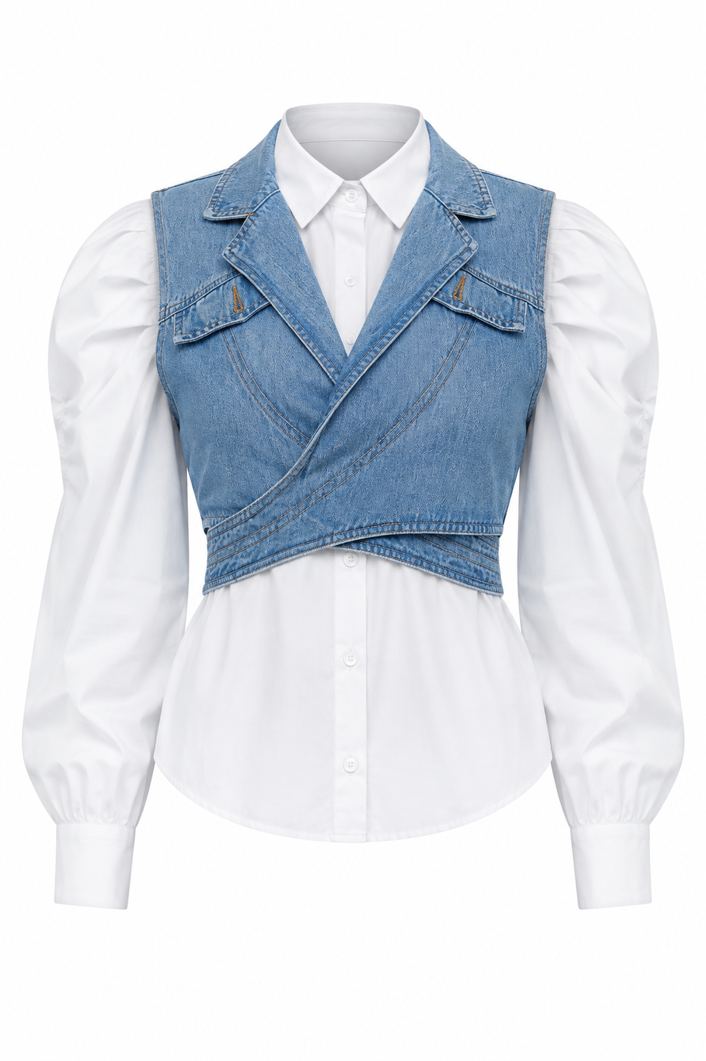 Two-Piece Denim Vest & Puff Sleeve Shirt Set for Women